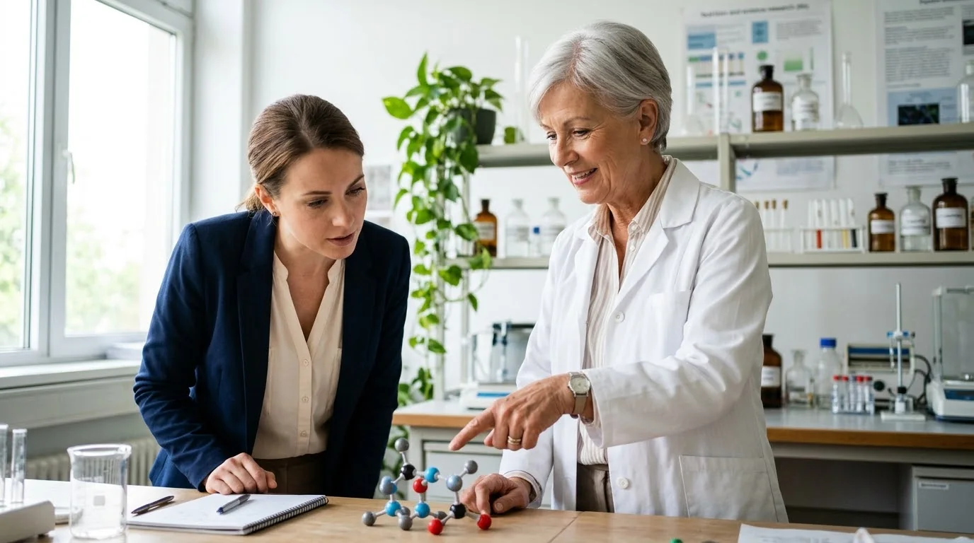 Duas mulheres em um laboratório de nutrição observam um modelo de molécula sobre a bancada